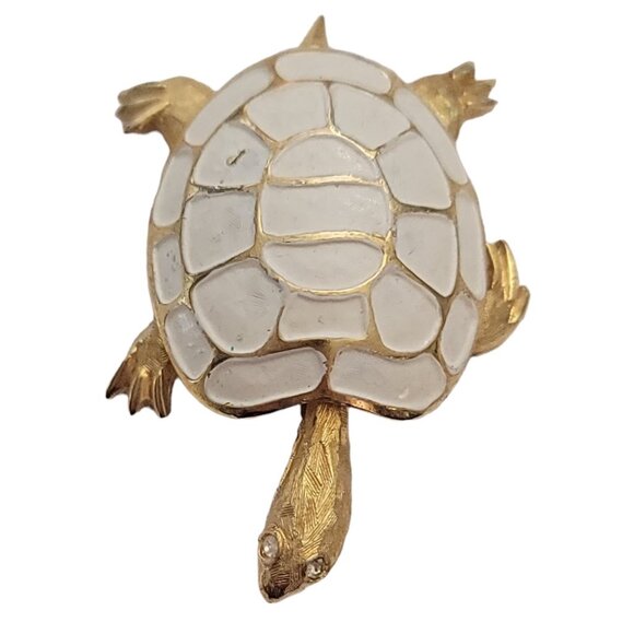 Vintage Gold Tone White Enamel Clear Rhinestone Turtle Brooch Pin E896 - Picture 4 of 8